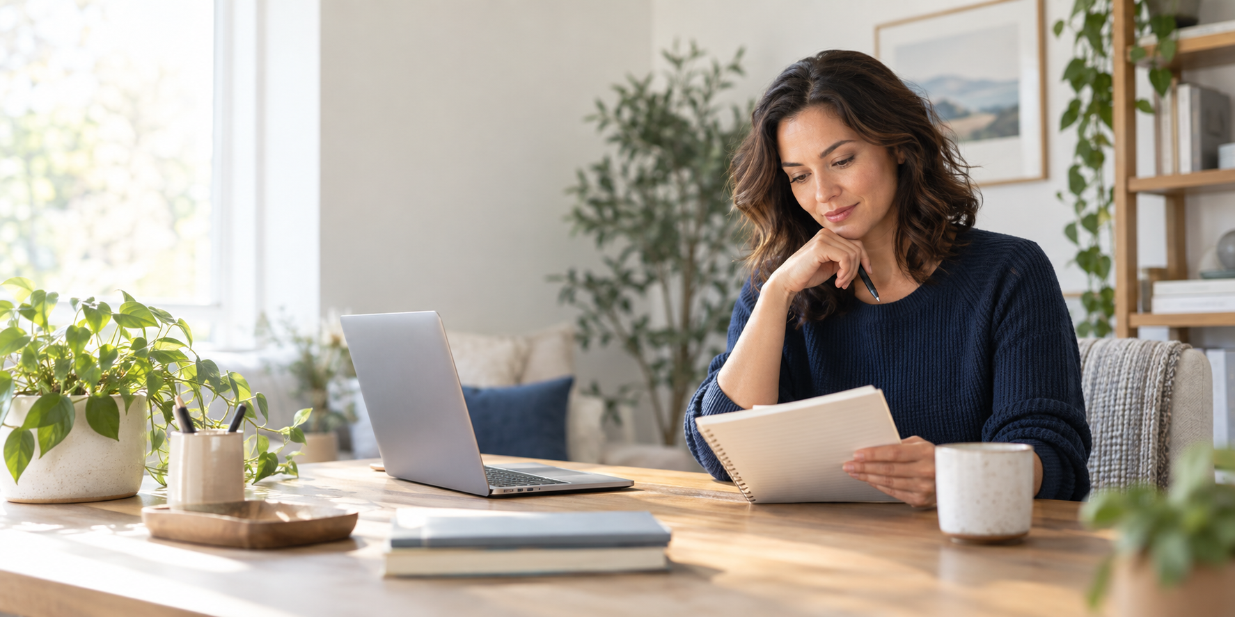 A person reviewing plans at a desk at home